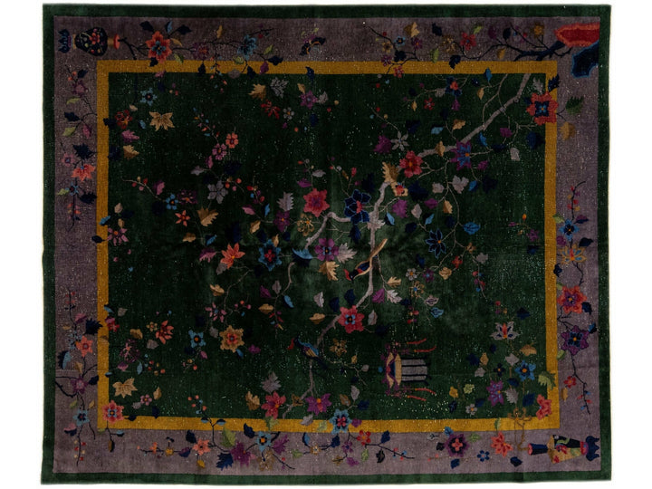 Antique Green Art Deco Chinese Handmade Floral Wool Rug 8 Ft 1 X 9 Ft 8 In.