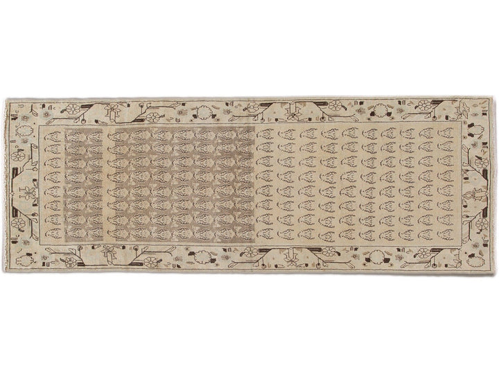 Vintage Persian Handmade Beige Geometric Pattern Wool Runner