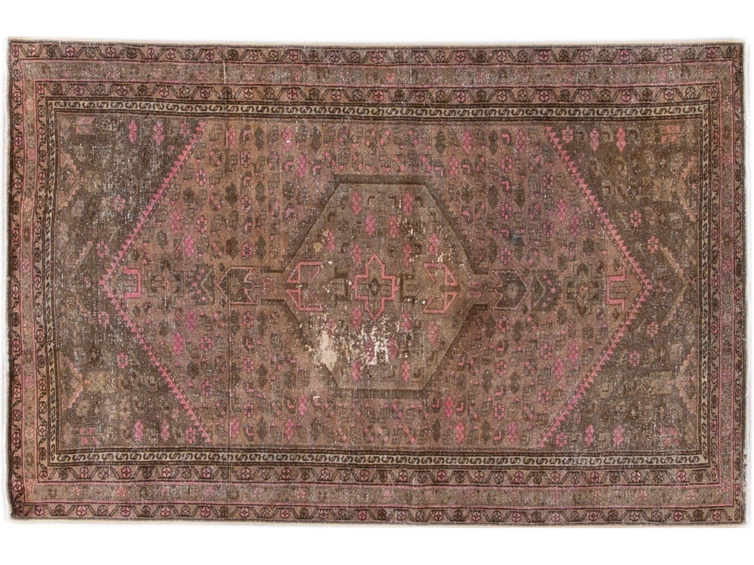Vintage Persian Distressed Brown and Pink Handmade Wool Rug