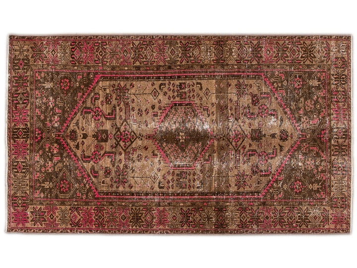 Vintage Shabby Chic Handmade Brown Geometric Wool Rug