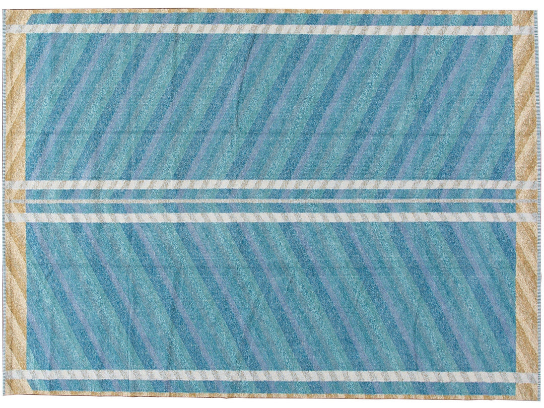 Modern Swedish Style Handmade Blue Wool Rug Geometric Design
