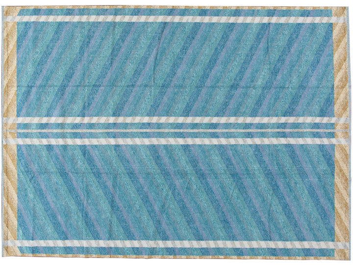 Modern Swedish Style Handmade Blue Wool Rug Geometric Design