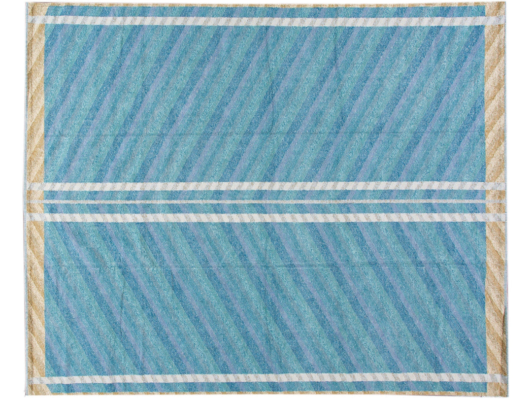 Modern Swedish Style Handmade Geometric Oversize Blue Wool Rug