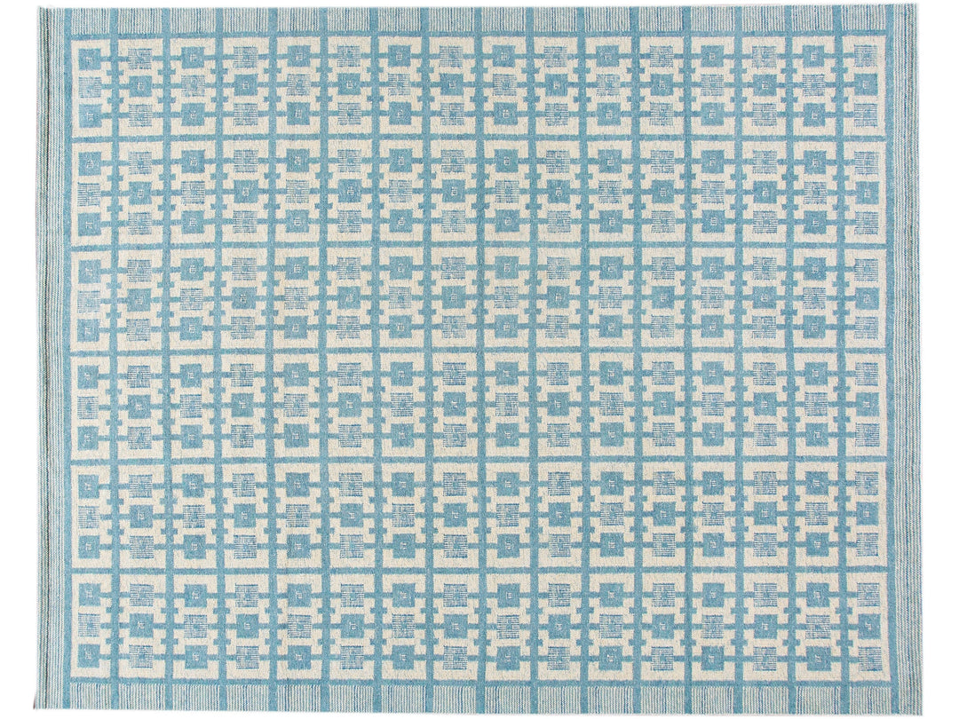 Modern Swedish Style Handmade Geometric Pattern Oversize Blue and Ivory Wool Rug