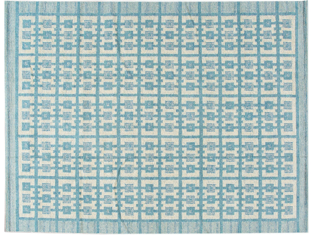 Modern Swedish Style Handmade Geometric Pattern Room size Blue Wool Rug
