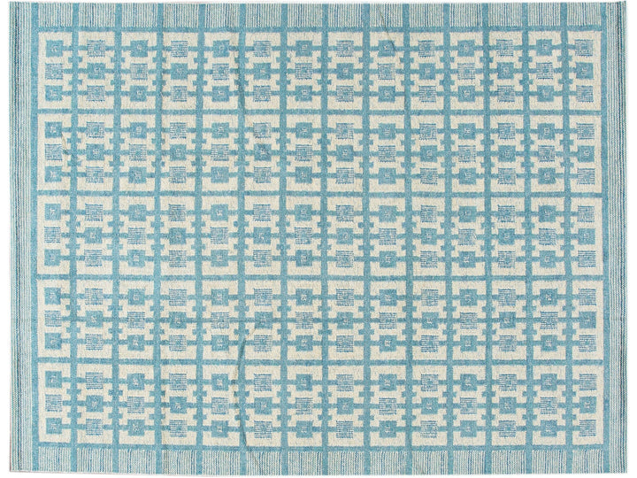 Modern Swedish Style Handmade Geometric Pattern Room size Blue Wool Rug