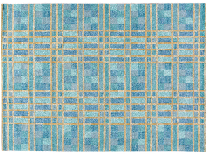 Modern Swedish Style Handmade Geometric Pattern Blue and Yellow Wool Rug