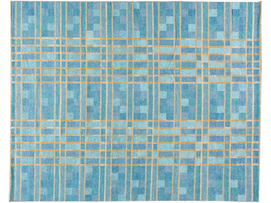 Contemporary Swedish Style Blue Handmade Geometric Pattern Oversize Wool Rug