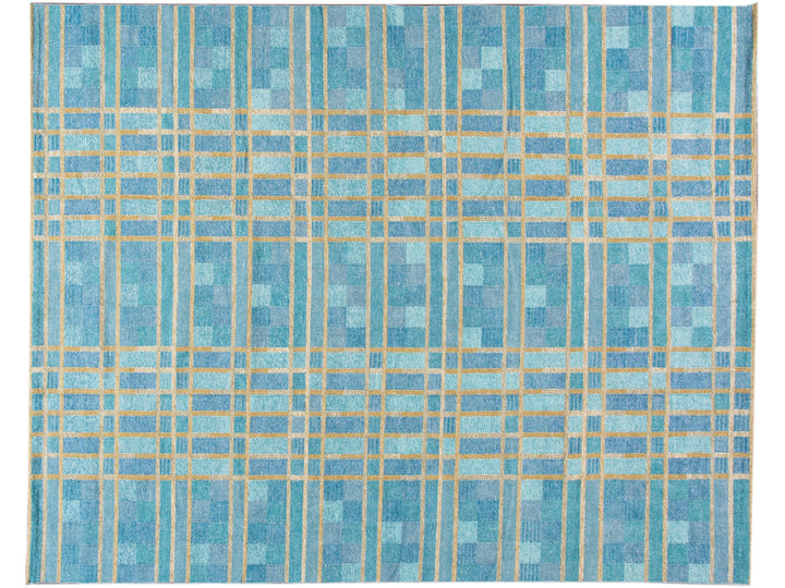 Contemporary Swedish Style Blue Handmade Geometric Pattern Oversize Wool Rug