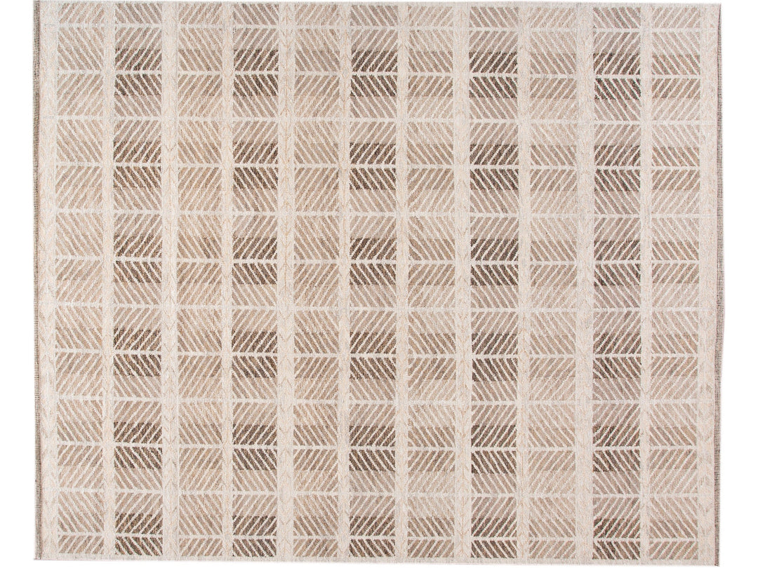 Modern Swedish Style Handmade Beige and Brown Oversize Designed Wool Rug