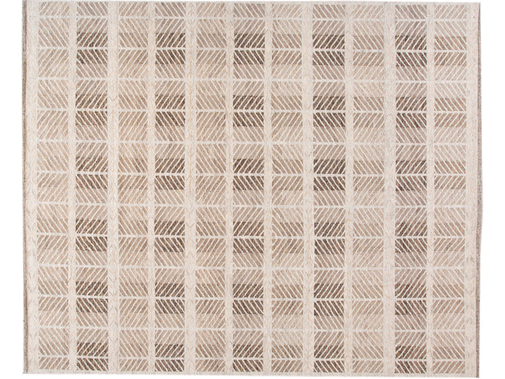 Modern Swedish Style Handmade Beige and Brown Oversize Designed Wool Rug