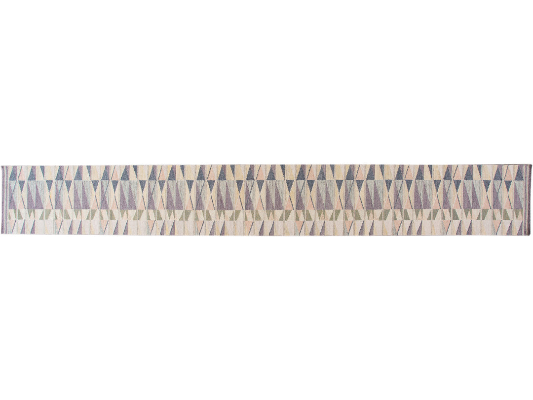 Modern Swedish Style Handmade Beige Geometric Abstract Long Wool Runner