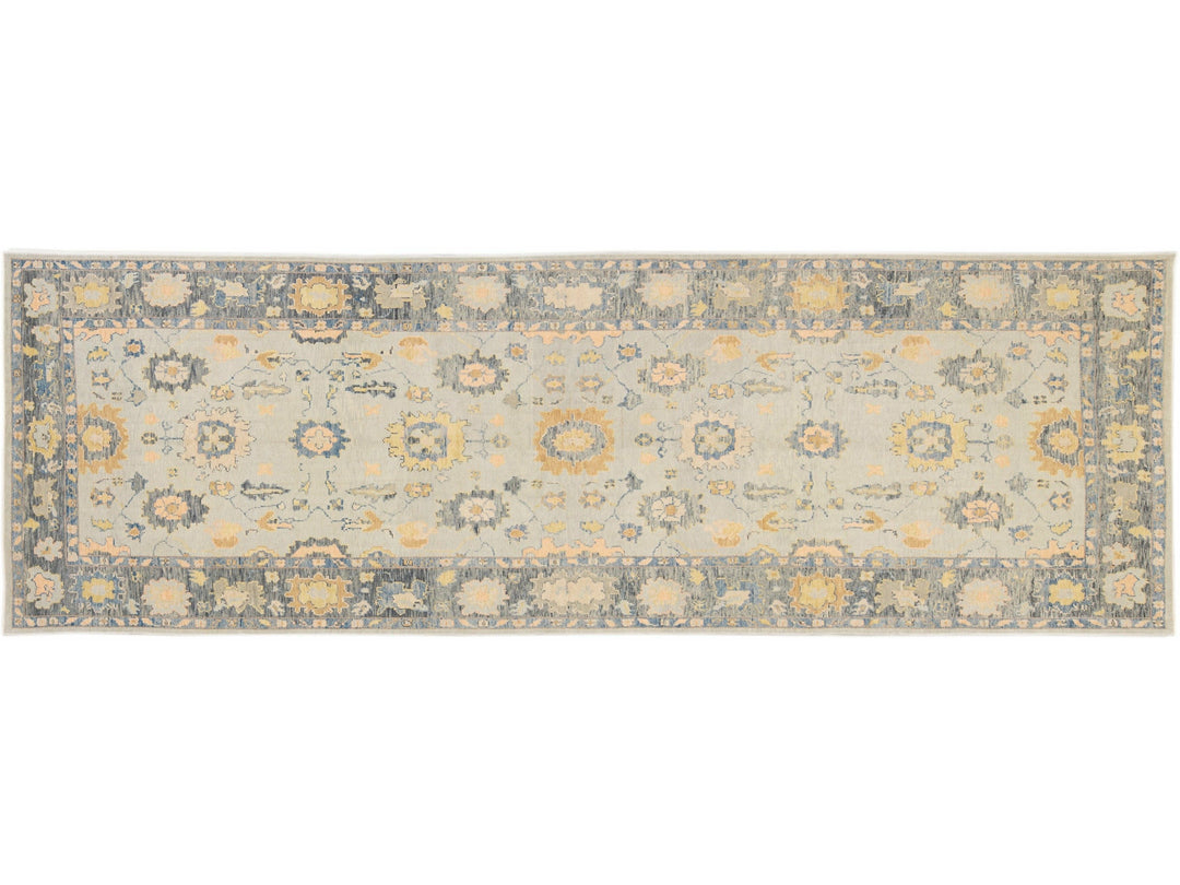Long Modern Gray Turkish Oushak Handmade Floral Gallery Wool Runner