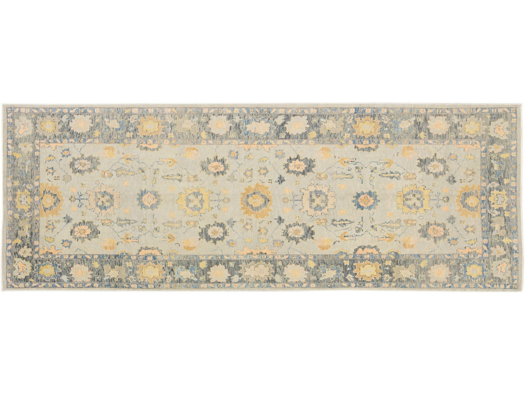 Modern Gray Turkish Oushak Handmade Floral Wide Gallery Wool Runner