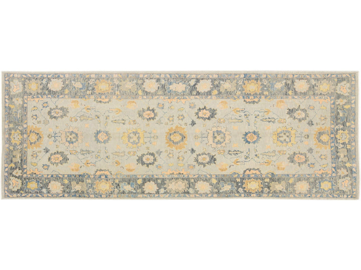 Modern Gray Turkish Oushak Handmade Floral Wide Gallery Wool Runner