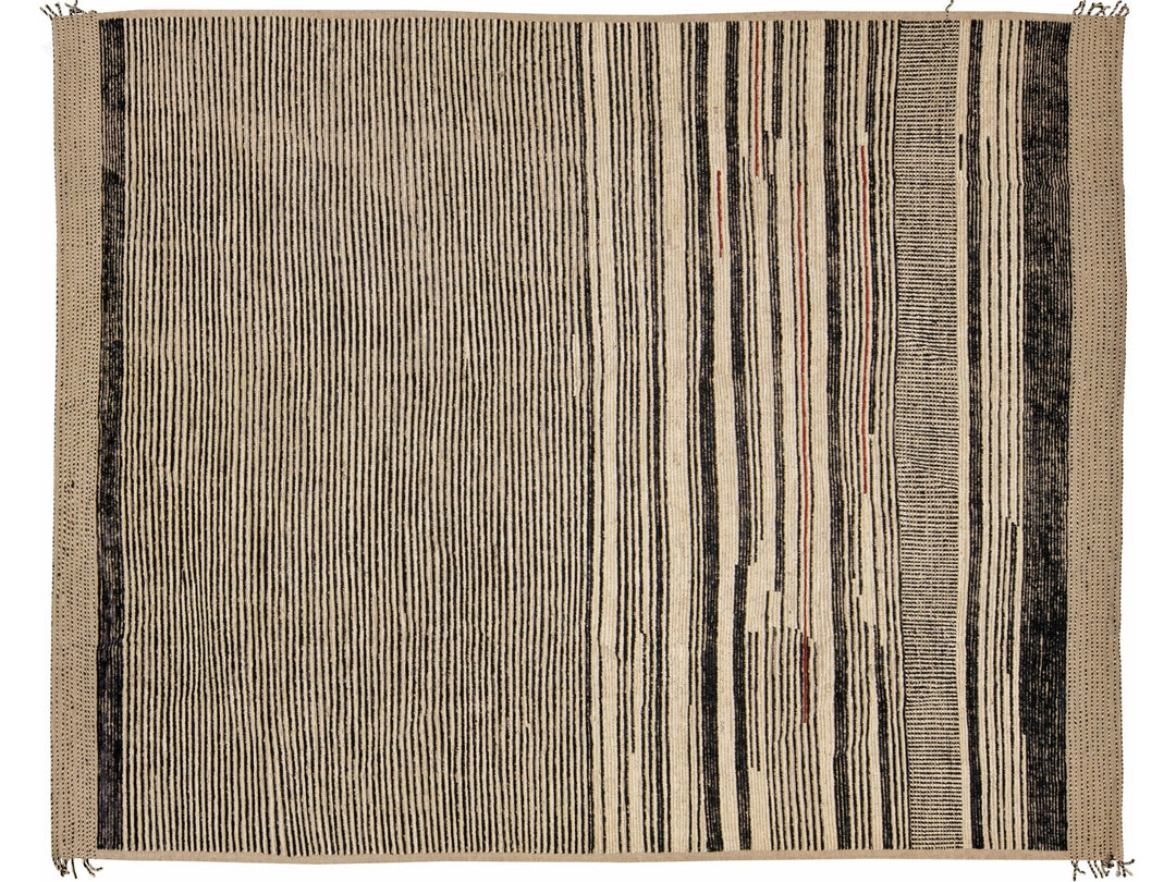 Modern Moroccan Bohemian Style Black And Beige Handmade Striped Motif Wool Rug