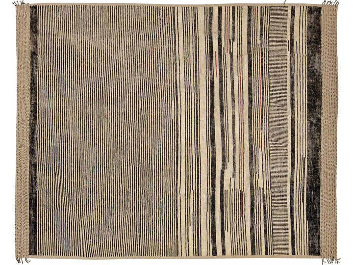 Modern Moroccan Bohemian Style Black And Beige Handmade Striped Motif Wool Rug