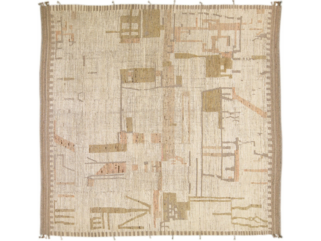 Modern Boho Chic Moroccan Style Handmade Abstract Beige Square Wool Rug