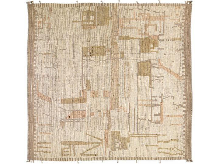Modern Boho Chic Moroccan Style Handmade Abstract Beige Square Wool Rug
