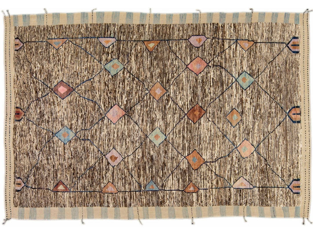 Modern Moroccan Style Handmade Tribal Boho Beige and Brown Wool Rug