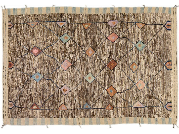 Modern Moroccan Style Handmade Tribal Boho Beige and Brown Wool Rug