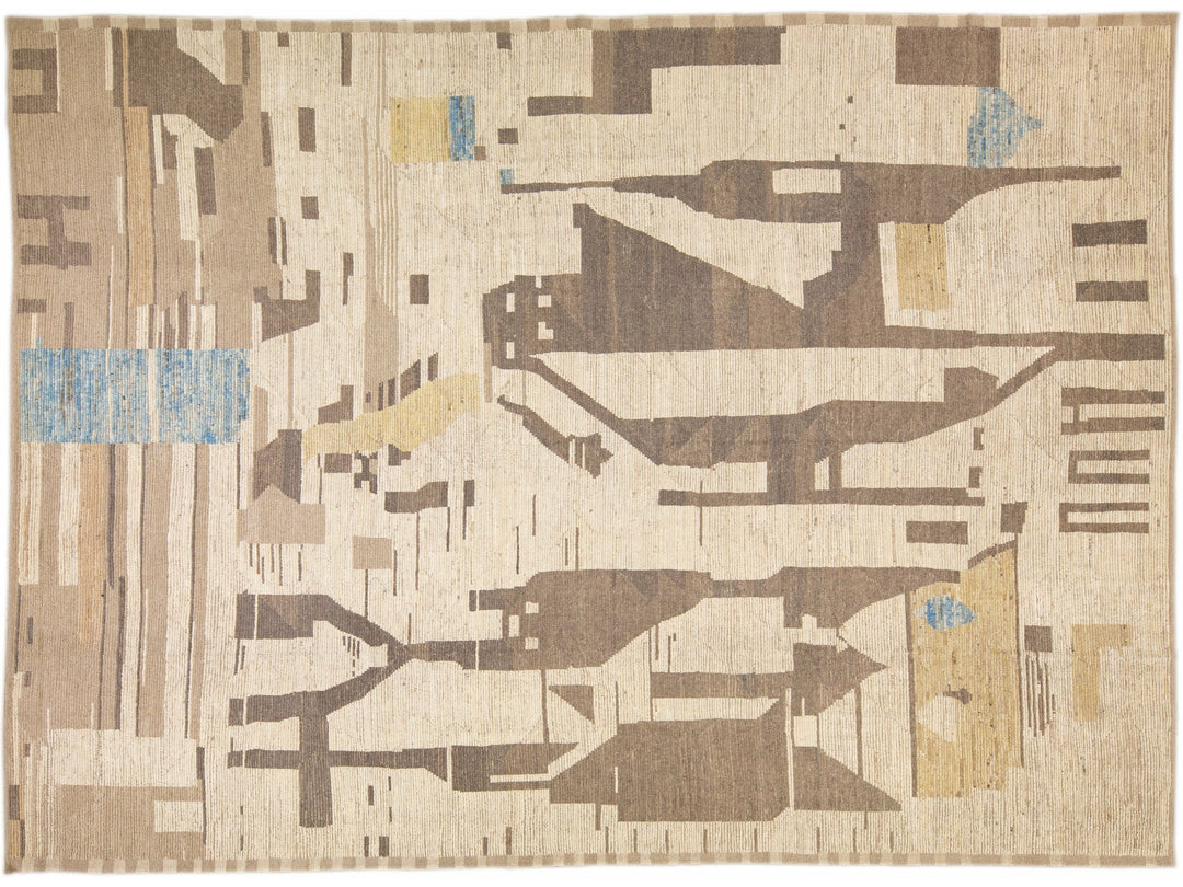 Beige Modern Boho Chic Moroccan Style Handmade Abstract Motif Oversize Wool Rug