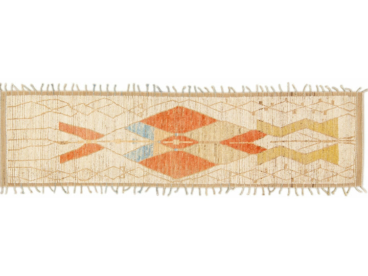 Beige Modern and Orange Moroccan Style Handmade Tribal Motif Wool Runner