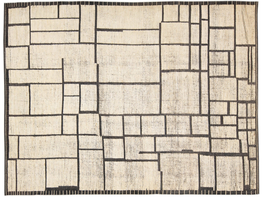 Modern Moroccan Style Beige Handmade Minimal Boho Oversize Wool Rug