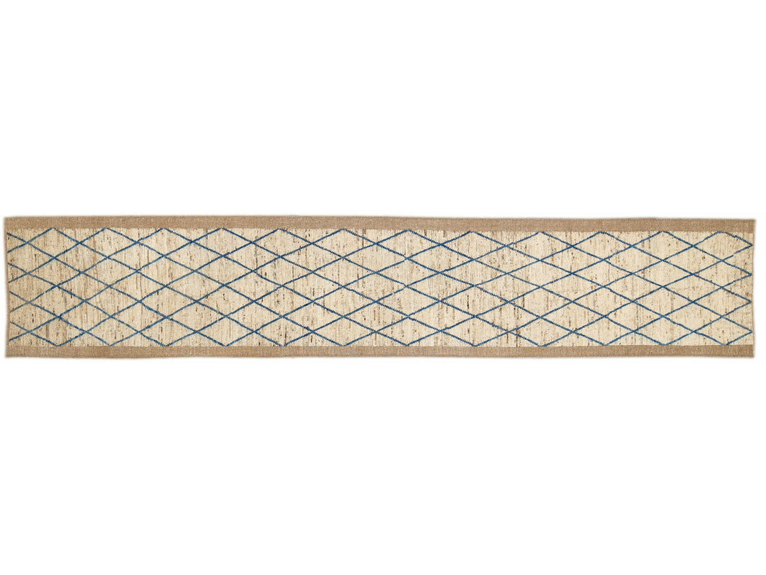 Modern Moroccan Style Handmade Geometric Pattern Beige and Blue Wool Wide Runner