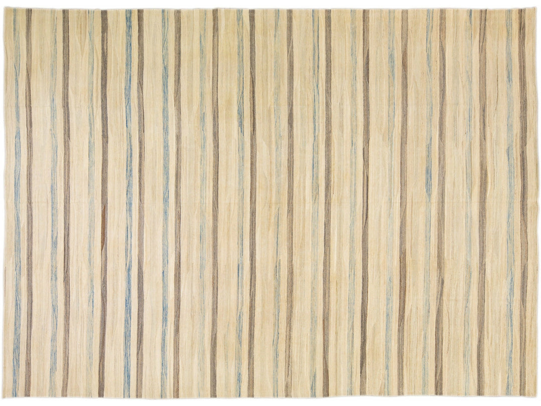 Beige Modern Kilim Handmade Striped Pattern Flatweave Wool Rug