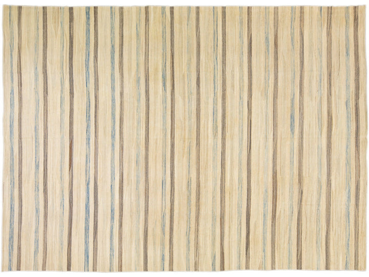 Beige Modern Kilim Handmade Striped Pattern Flatweave Wool Rug