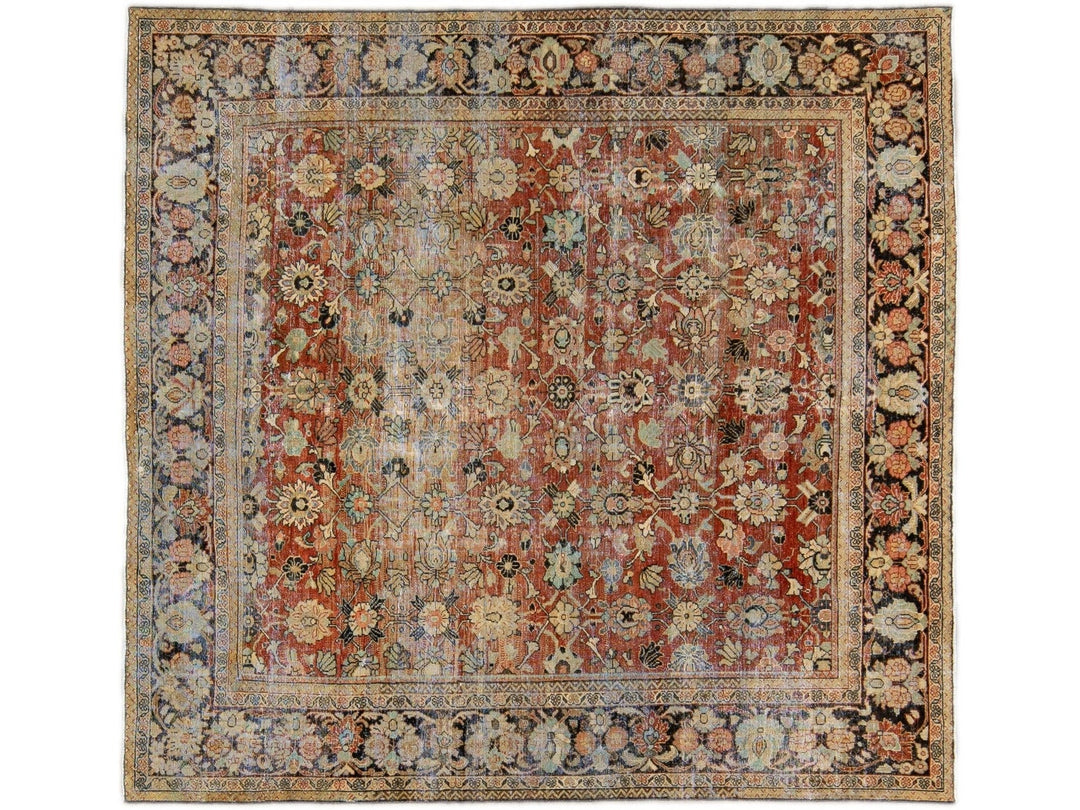 Antique Persian Mahal Rusted Handmade Allover Floral Motif Wool Rug