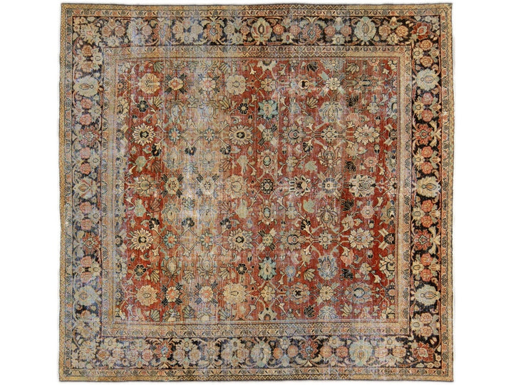 Antique Persian Mahal Rusted Handmade Allover Floral Motif Wool Rug