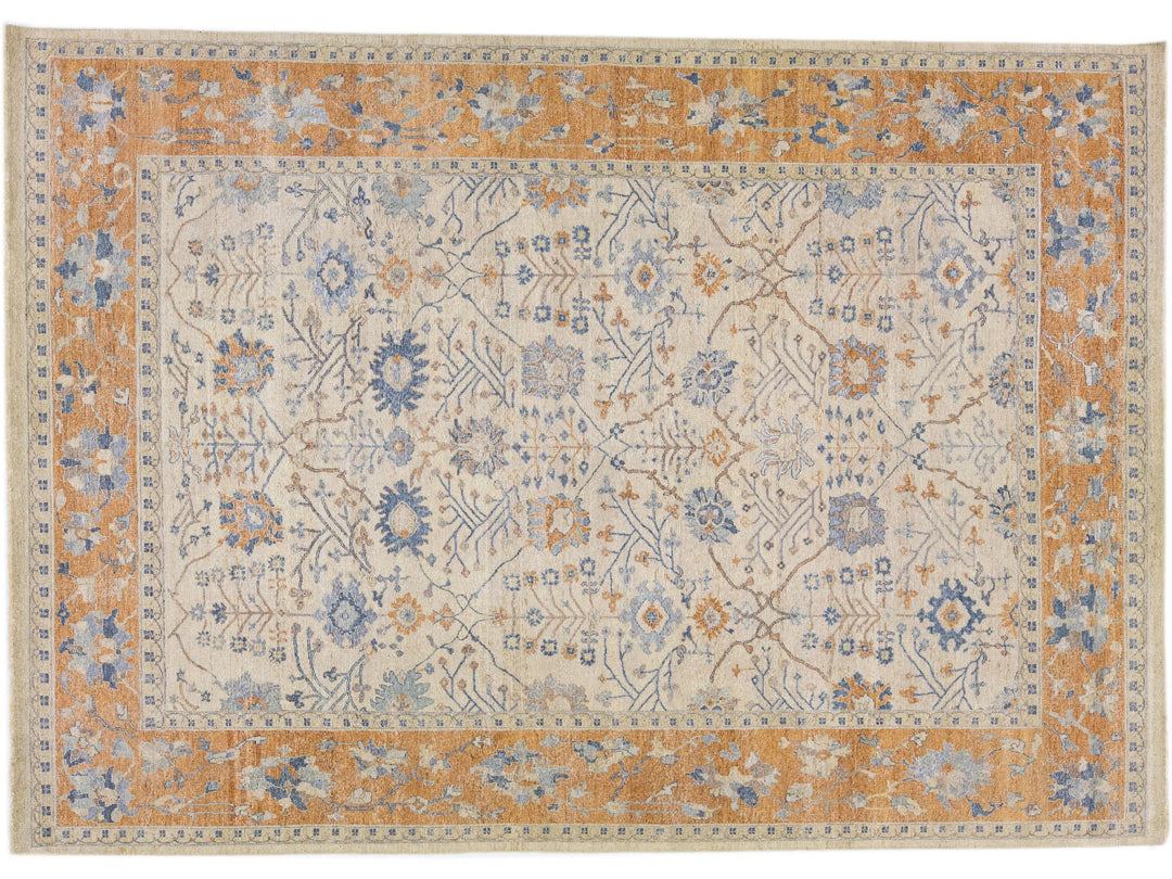 Apadana's Artisan Collection Beige and Orange Handmade Designed Wool Rug