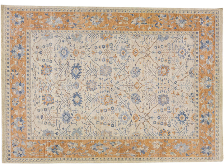 Apadana's Artisan Collection Beige and Orange Handmade Designed Wool Rug