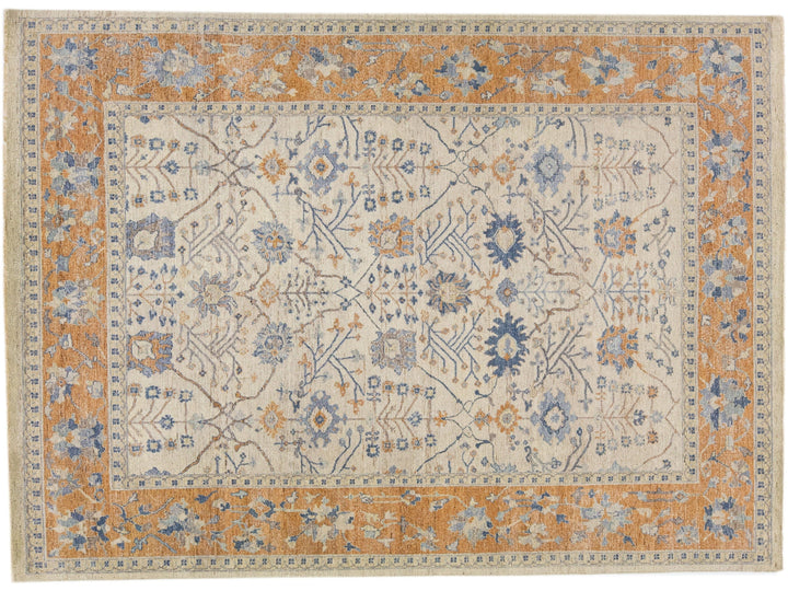 Apadana's Artisan Collection Handmade Floral Designed Beige and Orange Wool Rug
