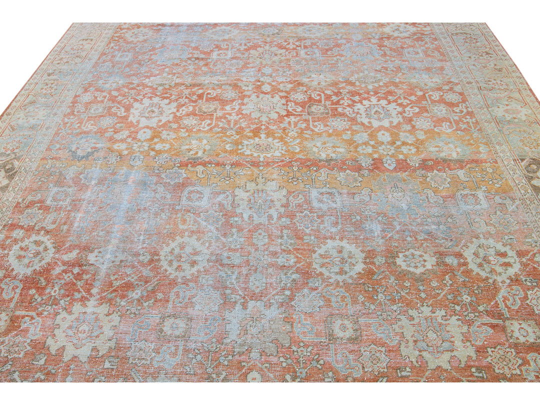 Antique Sultanabad Handmade Floral Pattern Designed Red Wool Rug
