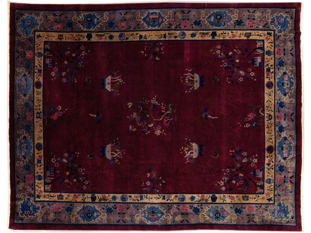 Antique Peking Handmade Chinese Floral Designed Burgundy Wool Rug