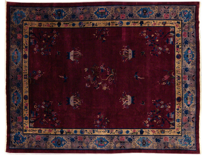 Antique Peking Handmade Chinese Floral Designed Burgundy Wool Rug