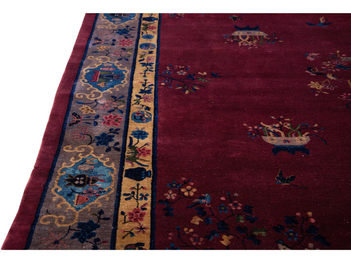 Antique Peking Handmade Chinese Floral Designed Burgundy Wool Rug