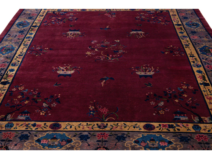 Antique Peking Handmade Chinese Floral Designed Burgundy Wool Rug