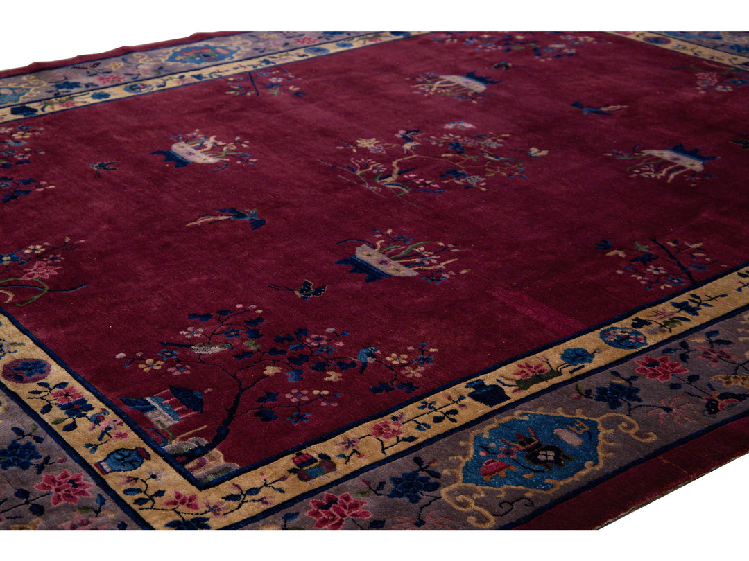 Antique Peking Handmade Chinese Floral Designed Burgundy Wool Rug