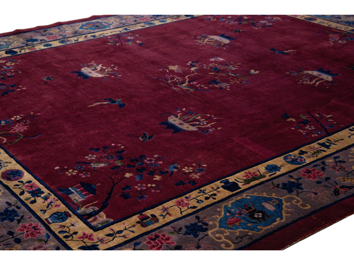 Antique Peking Handmade Chinese Floral Designed Burgundy Wool Rug
