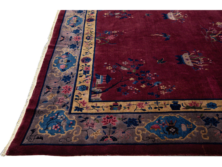 Antique Peking Handmade Chinese Floral Designed Burgundy Wool Rug