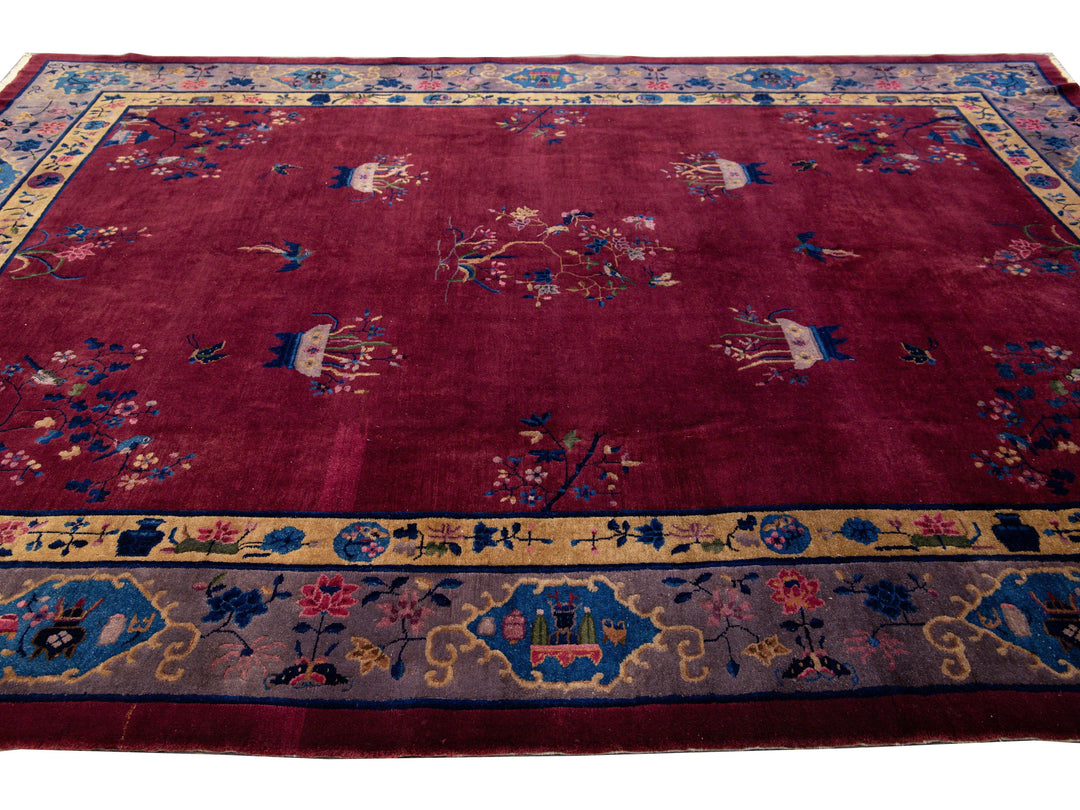 Antique Peking Handmade Chinese Floral Designed Burgundy Wool Rug