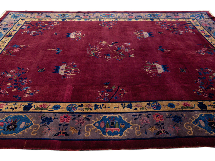 Antique Peking Handmade Chinese Floral Designed Burgundy Wool Rug