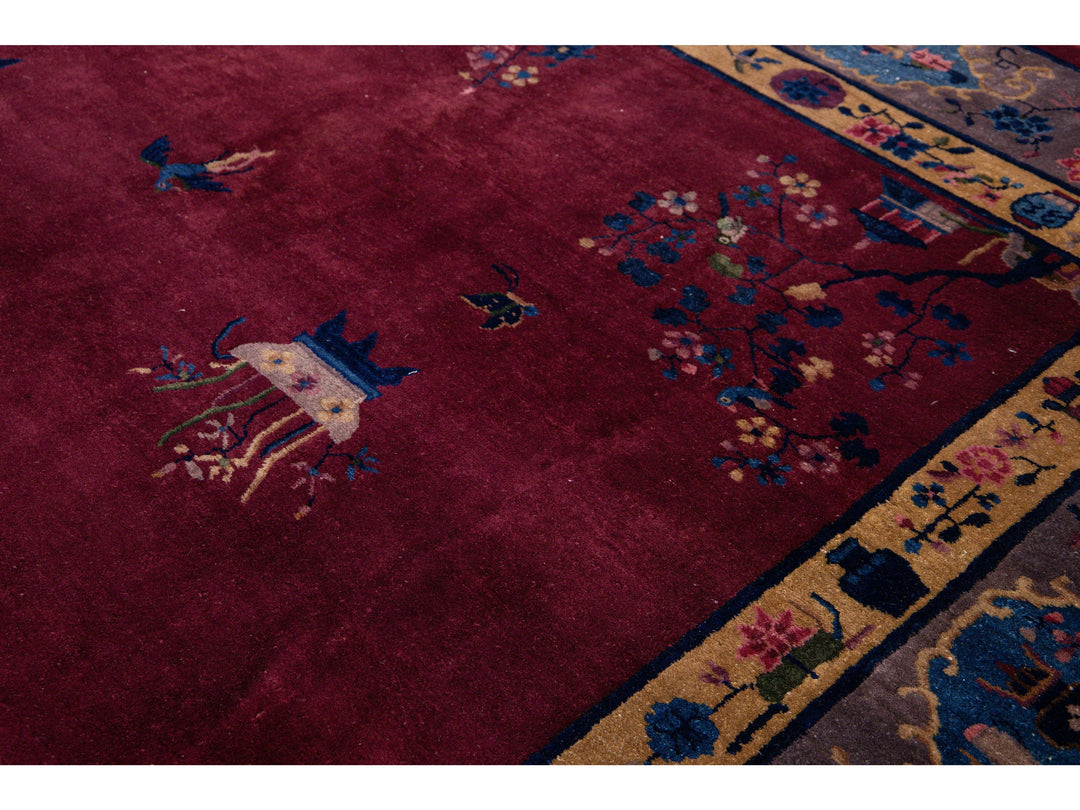 Antique Peking Handmade Chinese Floral Designed Burgundy Wool Rug