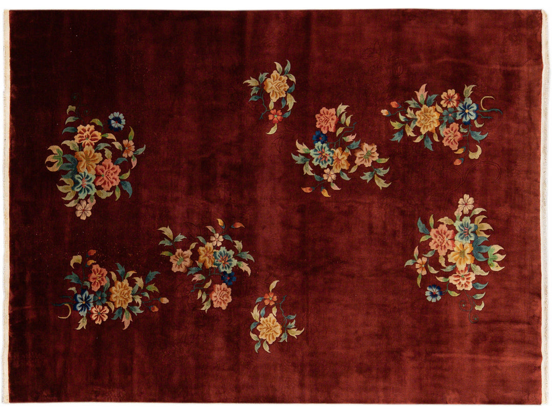 Antique Art Deco Chinese Handmade Red Wool Rug