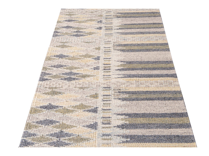 Modern Swedish Style Beige Handmade Geometric Abstract Long Wool Runner