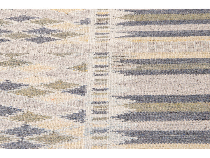 Modern Swedish Style Beige Handmade Geometric Abstract Long Wool Runner